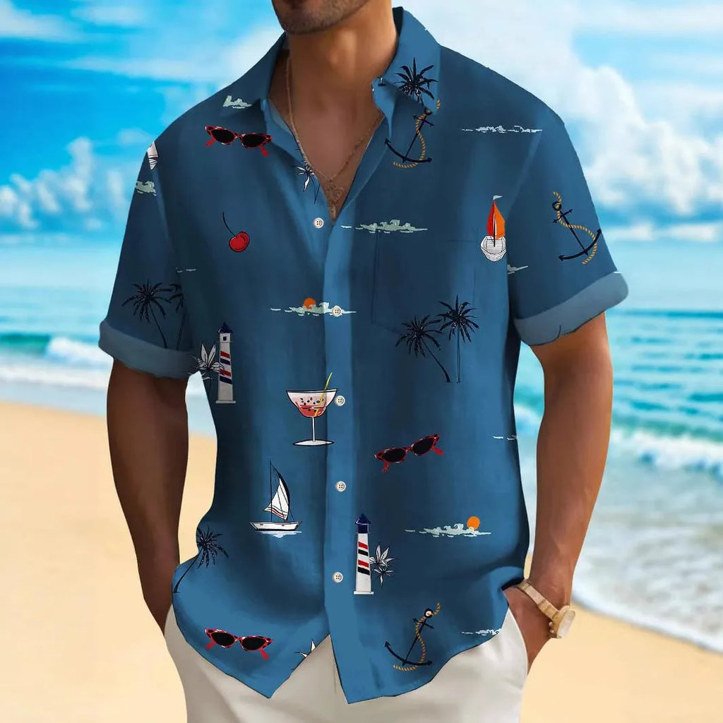 Men's loose fit Hawaiian shirt with colourful digital print pattern and short sleeves