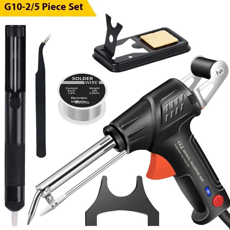 Black soldering gun kit with LED light, five-piece set with alloy construction.