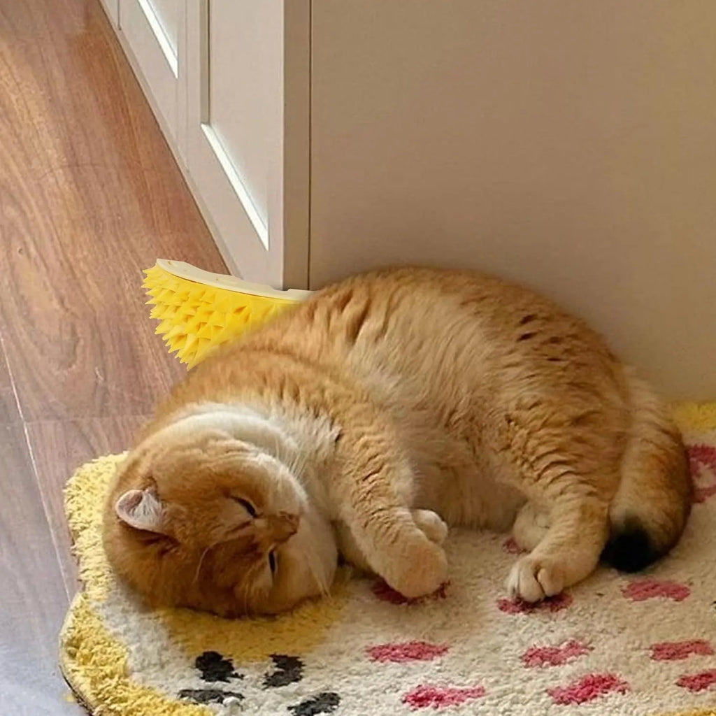 Yellow durian-shaped cat corner scratcher mounted on wall with cat mint powder