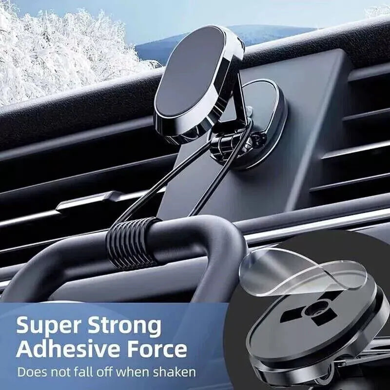 Chrome magnetic car phone holder with folding bracket and 360-degree swivel rotation