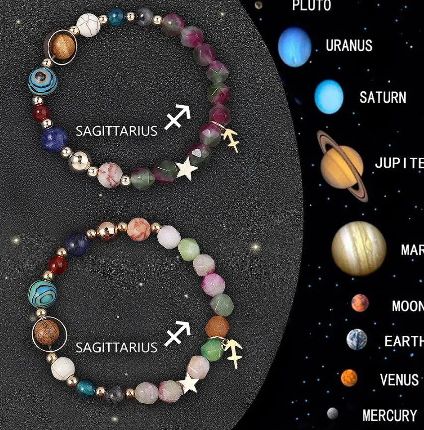 Set of two natural stone beaded bracelets with zodiac charms on an adjustable cord.