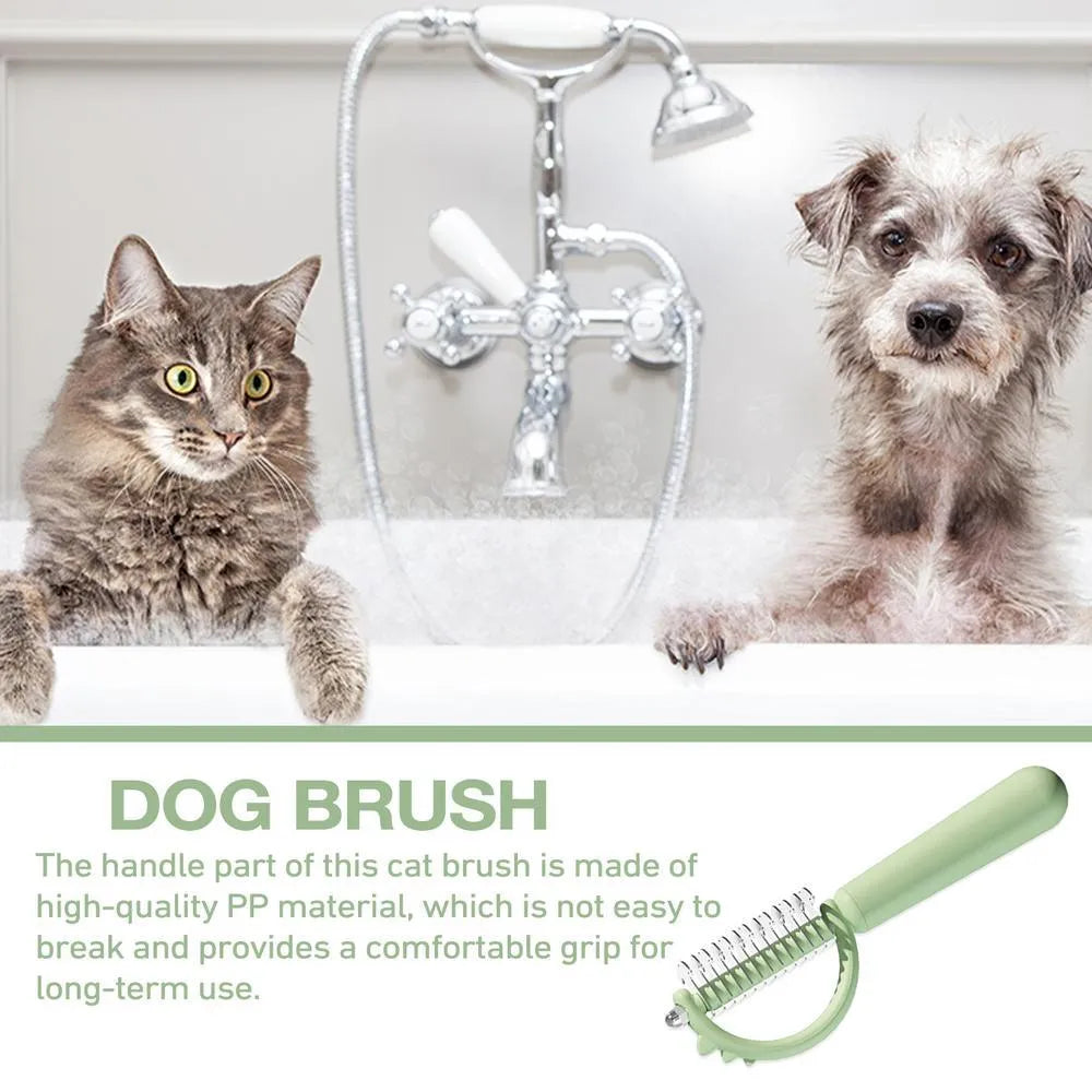 Blue dinosaur-shaped pet brush with a self-cleaning button and double-sided stainless steel bristles.