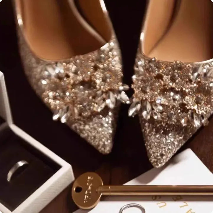 Champagne coloured pointed-toe wedding heels with rhinestone flower pattern, shown with different heel height options.