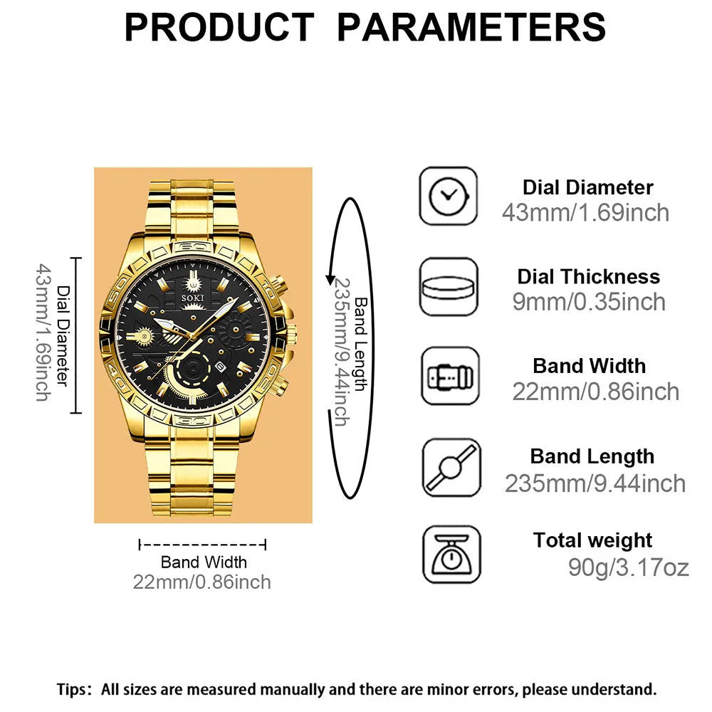 Gold-coloured men's stainless steel quartz watch with business styling and 10mm thickness