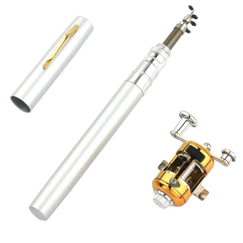 Compact telescopic pen fishing rod kit with gold ST5RL reel, collapsed to 20.5 cm length.