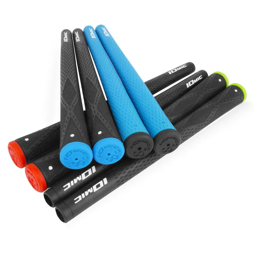 TPE material golf club grip shown in various colours including pink, blue, and black with coloured heads.