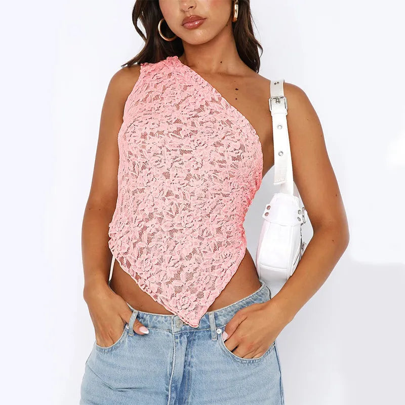 Women's apricot lace backless sleeveless vest top with an asymmetrical neckline on a model.