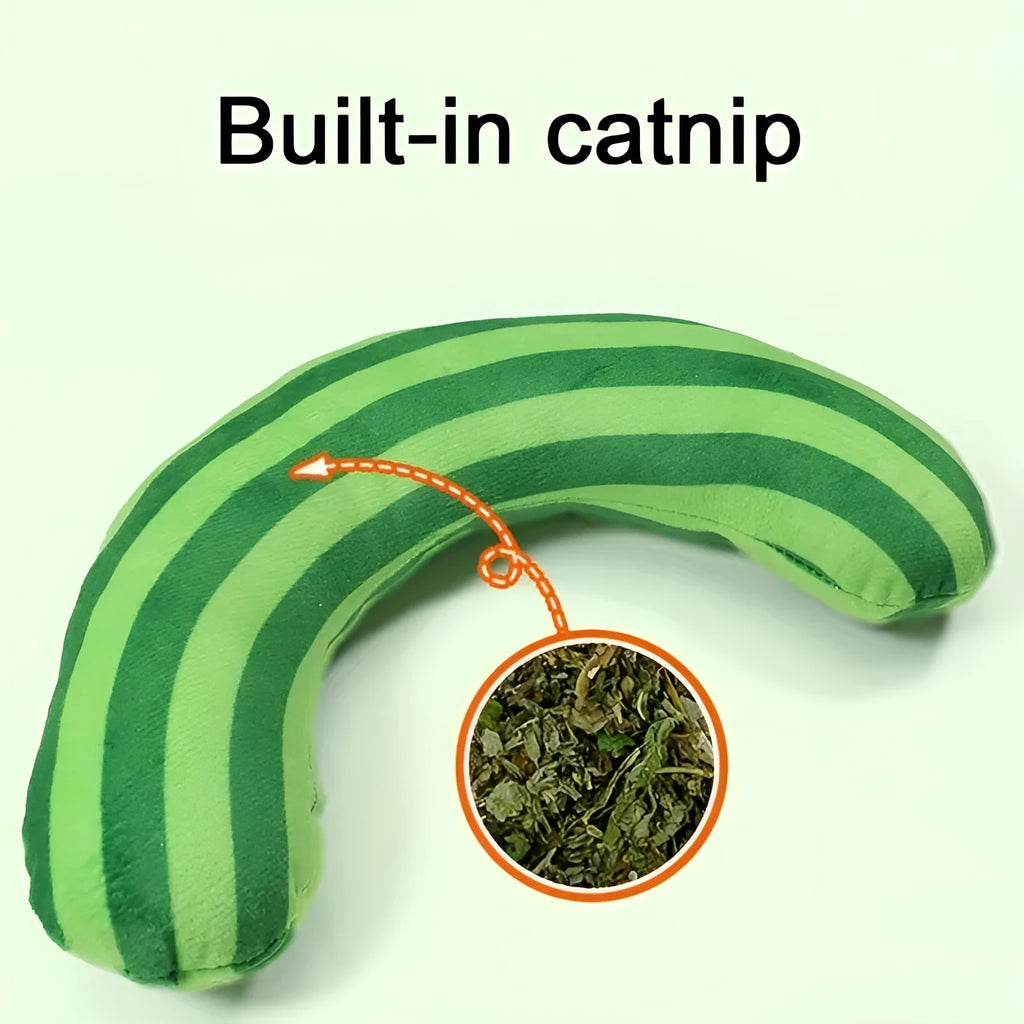 Striped green cat toy pillow with noise maker measuring 23cm alongside three additional cat toys