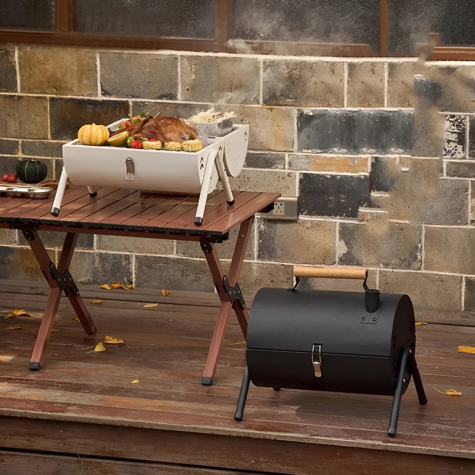 White round portable charcoal grill with detachable carbon tank and barbecue grill for outdoor cooking
