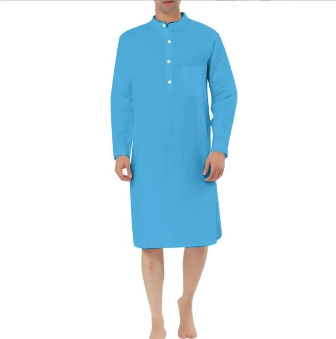 Men's simple pocket shirt robe in cotton fabric, shown in a selection of available colours.
