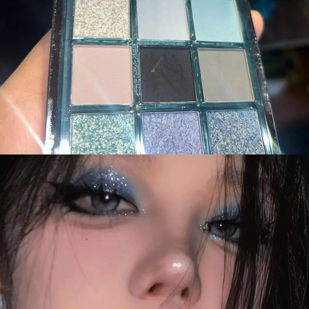 MUGELEEN nine-colour eye shadow palette 08 showing matte and shimmer blue smoked eye shadows