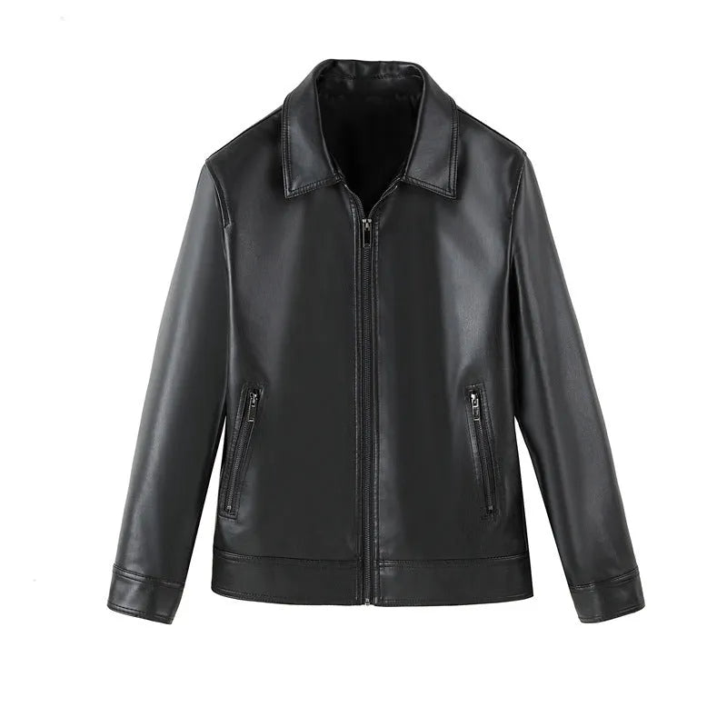 Men's black PU leather casual jacket with zipper and pockets in loose fit design