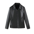 Men's black PU leather casual jacket with zipper and pockets in loose fit design