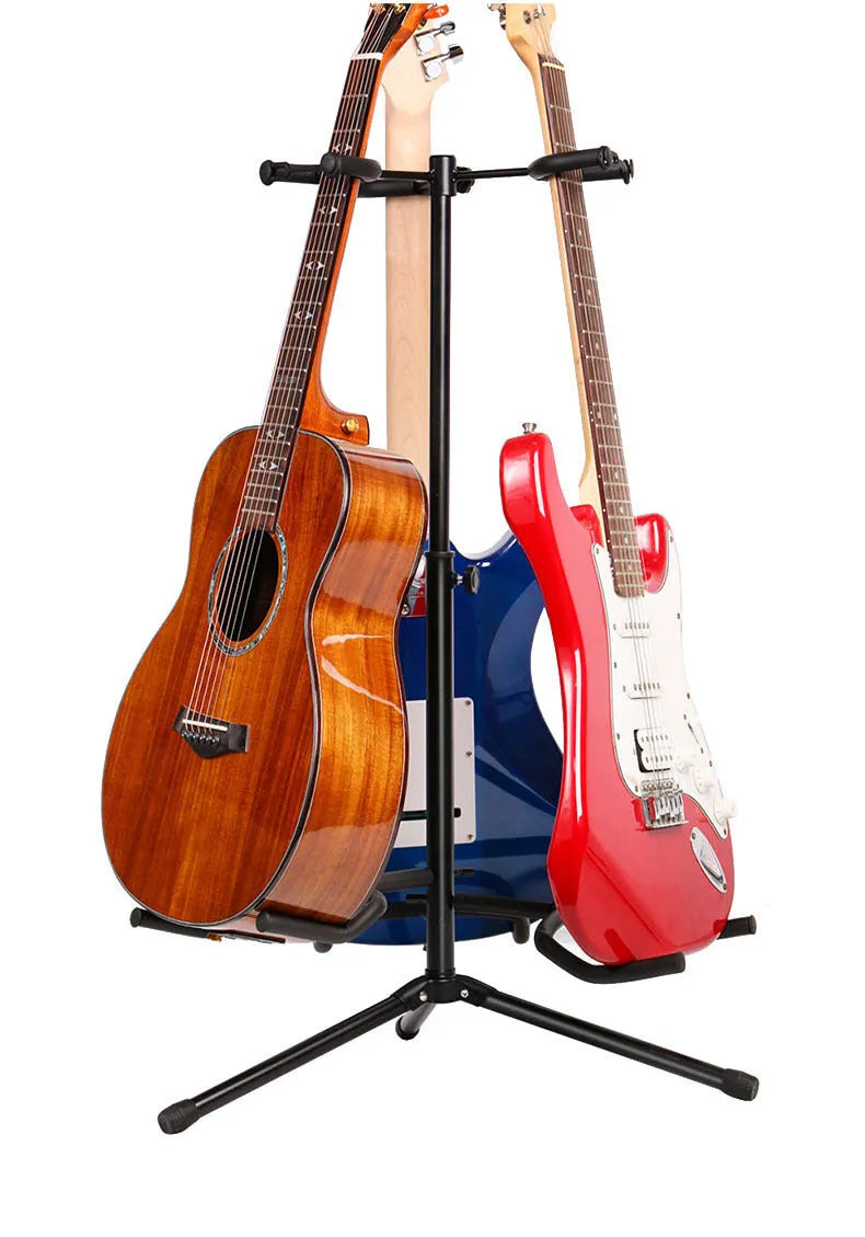 Black vertical double-headed adjustable guitar stand holding two guitars upright