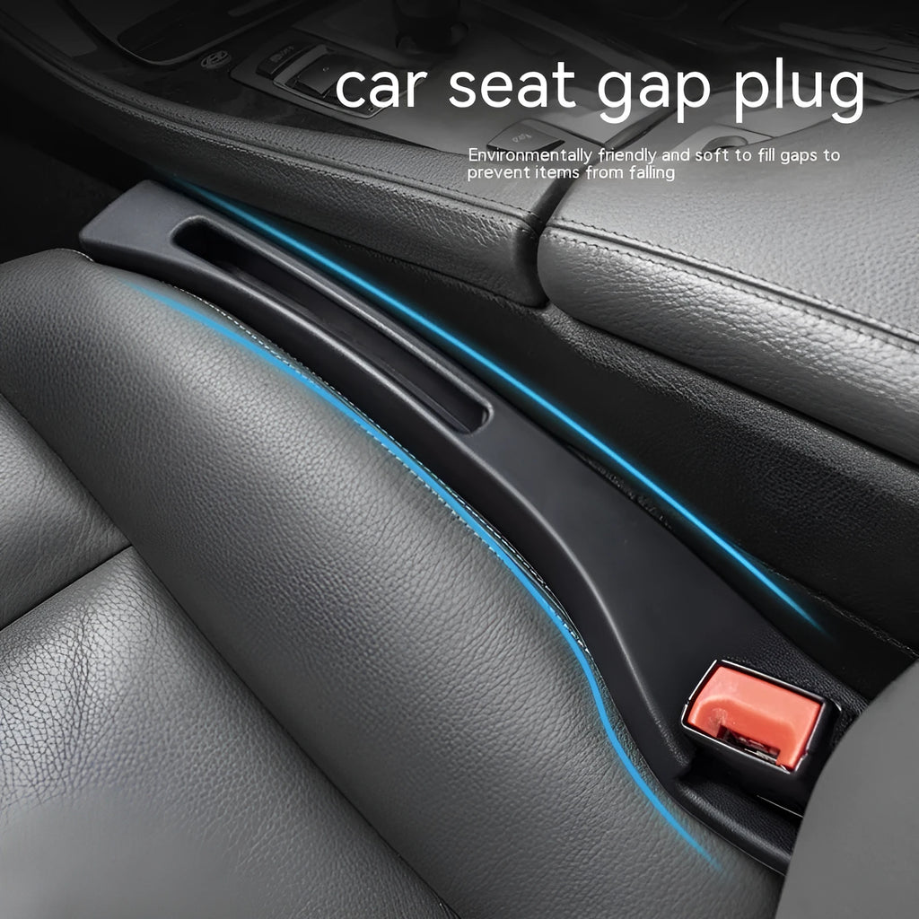 Black plastic car seat gap storage organiser box with a handle.