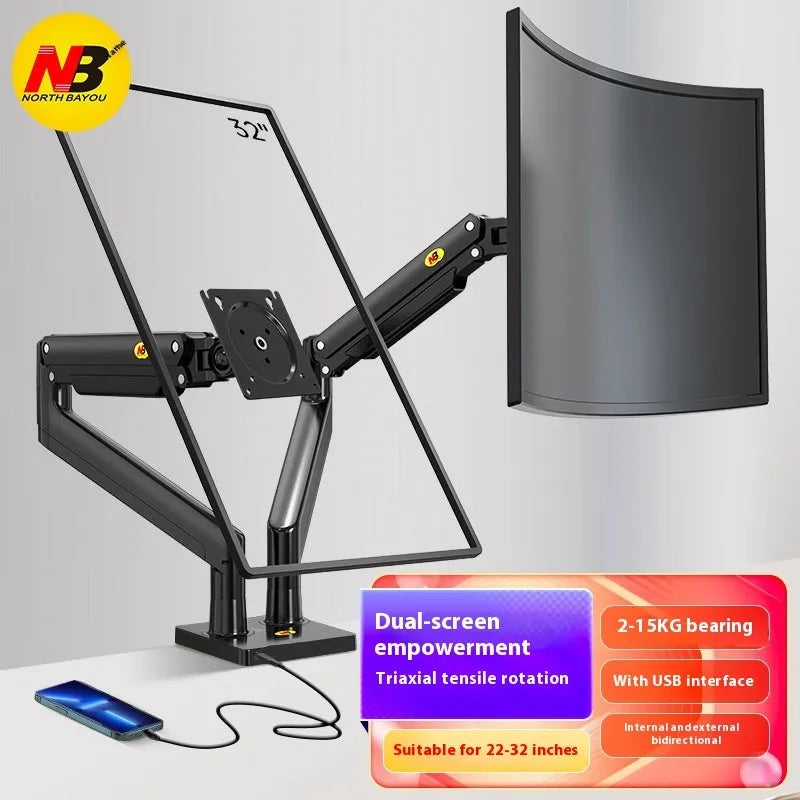 Gun black aluminium alloy dual computer monitor desk mount holding two screens