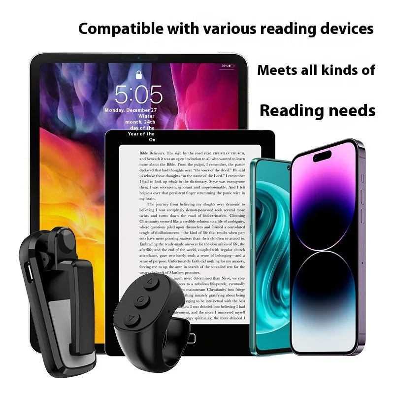 Wireless page turner remote control with clicker for e-readers and tablets in black, white, or pink colours.