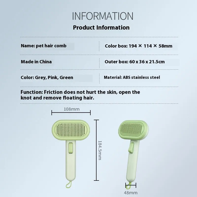 Large light grey pet hair removal comb with stainless steel teeth and a built-in shaver head.