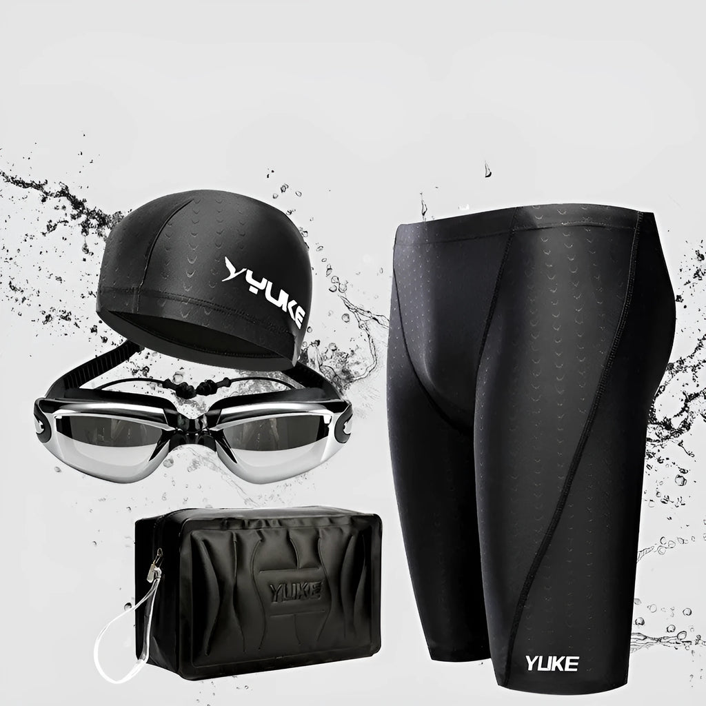 Men's black polyester swimming set with anti-fog goggles, waterproof cap, ear plugs, and swim bag