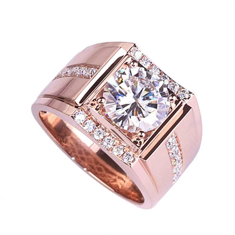 Men's adjustable imitation moissanite ring in rose gold colour with geometric diamond design