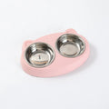 Blue macaron-shaped plastic pet feeding tray with two bowls and non-slip rubber feet