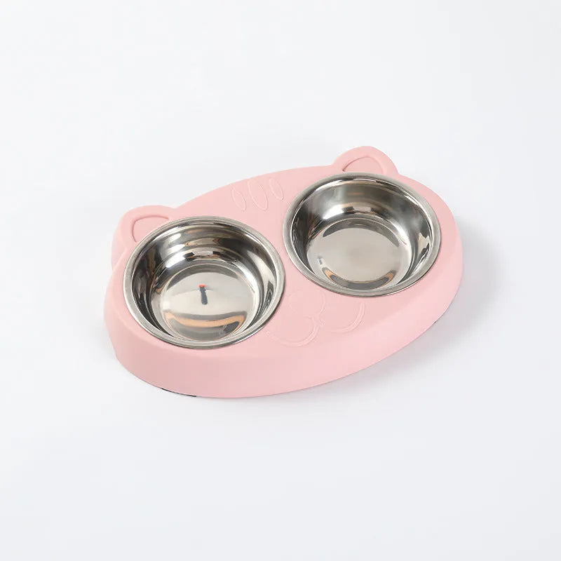 Blue macaron-shaped plastic pet feeding tray with two bowls and non-slip rubber feet