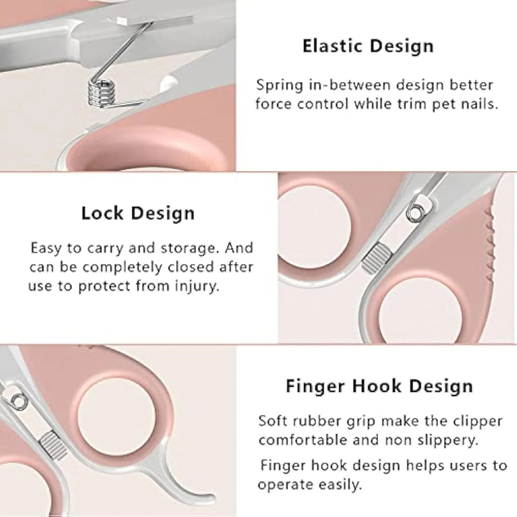 Grey and pink angled cat nail clippers with safety lock and rubber-coated handle