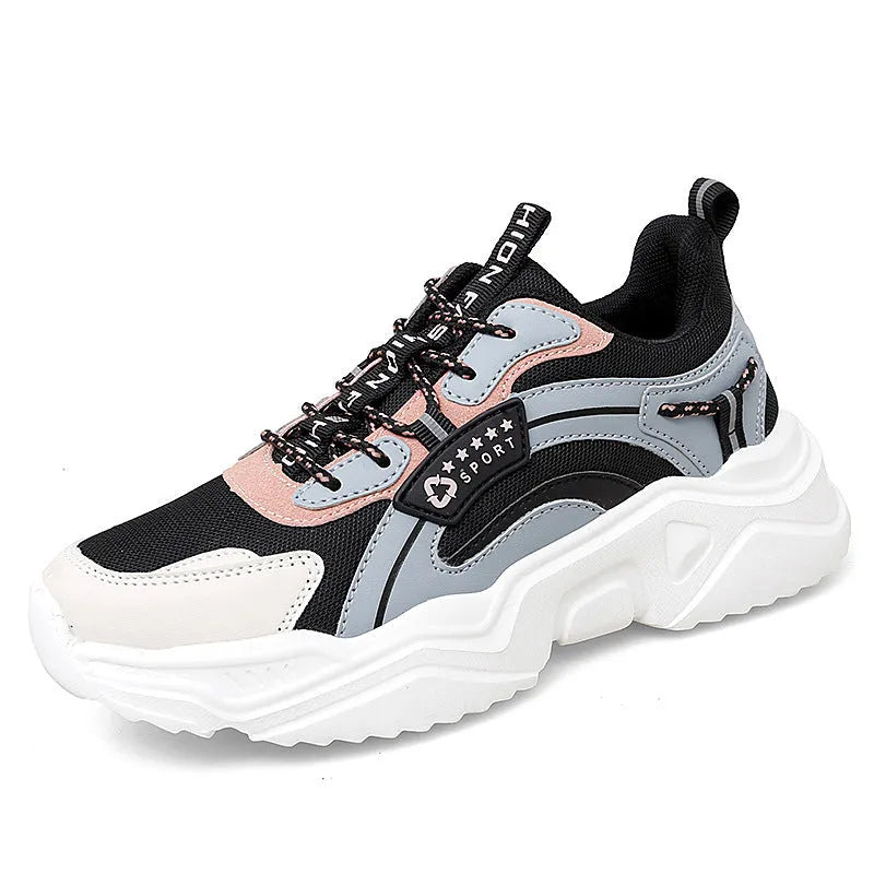 Women's white and moonlight coloured sports shoes with mesh upper and thick sole