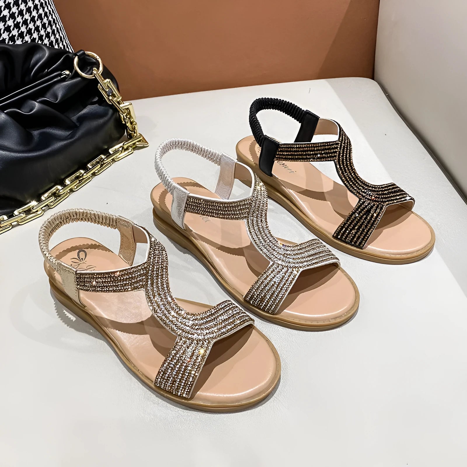 Women's gold patent leather summer sandals with rhinestone decoration and round toe design