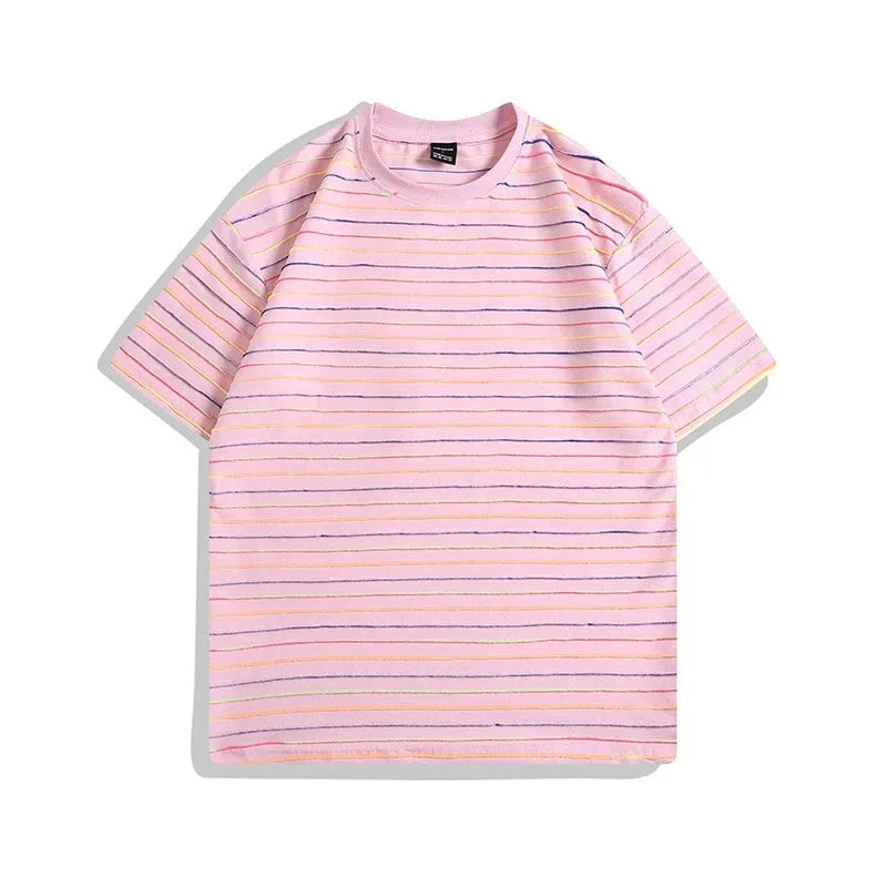 Striped loose fit couple's t-shirt in apricot colour with half sleeves and round neck collar