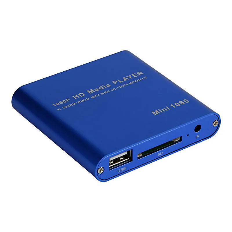Compact blue media player with remote control showing HDMI port and storage slots