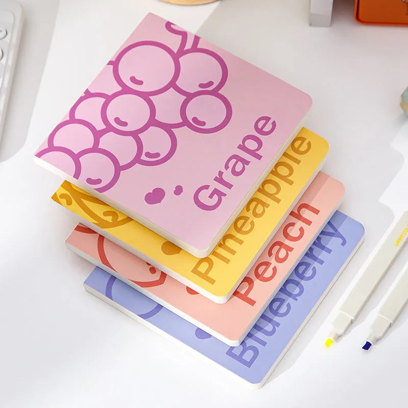 Square creative notebook with colour embossed fruit design and 14.5cm dimensions