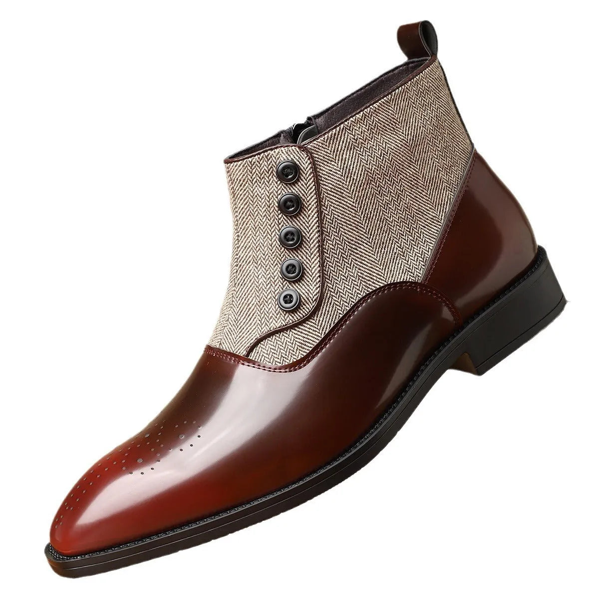 Men's brown and green retro style formal leather shoes with side zipper and square toe.