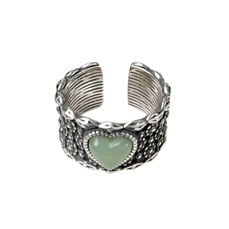 Retro wide-faced moonlight design heart shape adjustable ring in silver plating