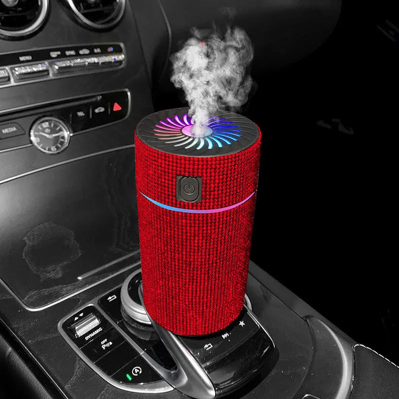 Compact white car USB air humidifier with Water Diamond technology measuring 14cm