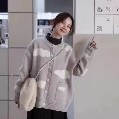 Blue cloud pattern women's loose spandex cardigan sweater with long sleeves