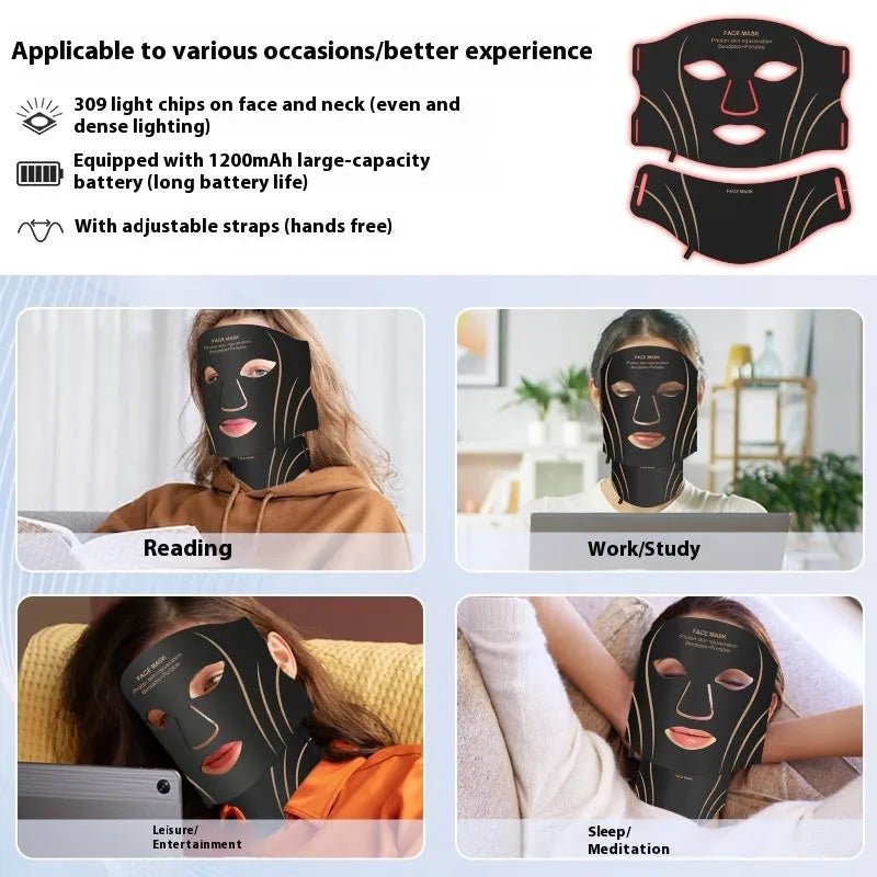 Black gold silicone LED red light facial beauty mask with headband and touch screen controls