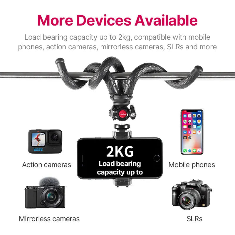 Black octopus-style mobile phone clip gimbal tripod set extended to 360mm with phone attached
