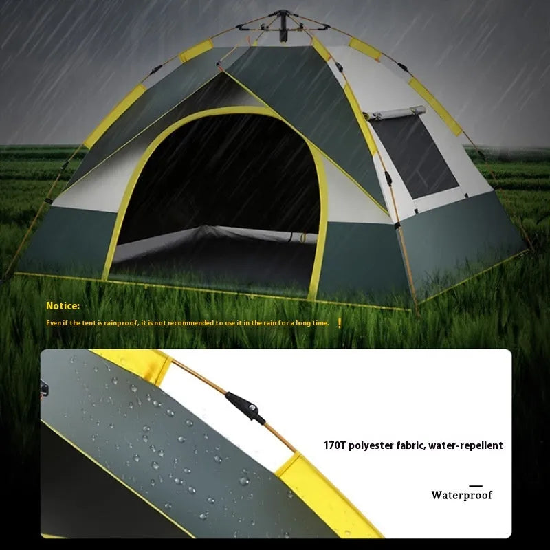 Dark green silver glue 3-4 person automatic quick open camping tent with glass fibre poles