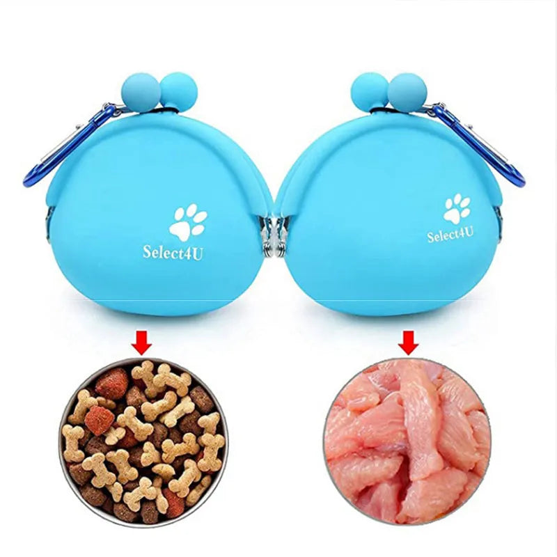 Yellow silicone dog training treat pouch with hook-and-loop strap, shown attached to a waistband.