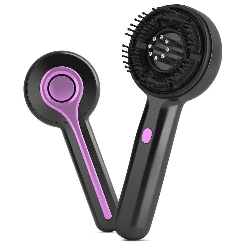 A grey, black, or red USB-powered vibrating head comb massager with a brush head and 2-speed control.
