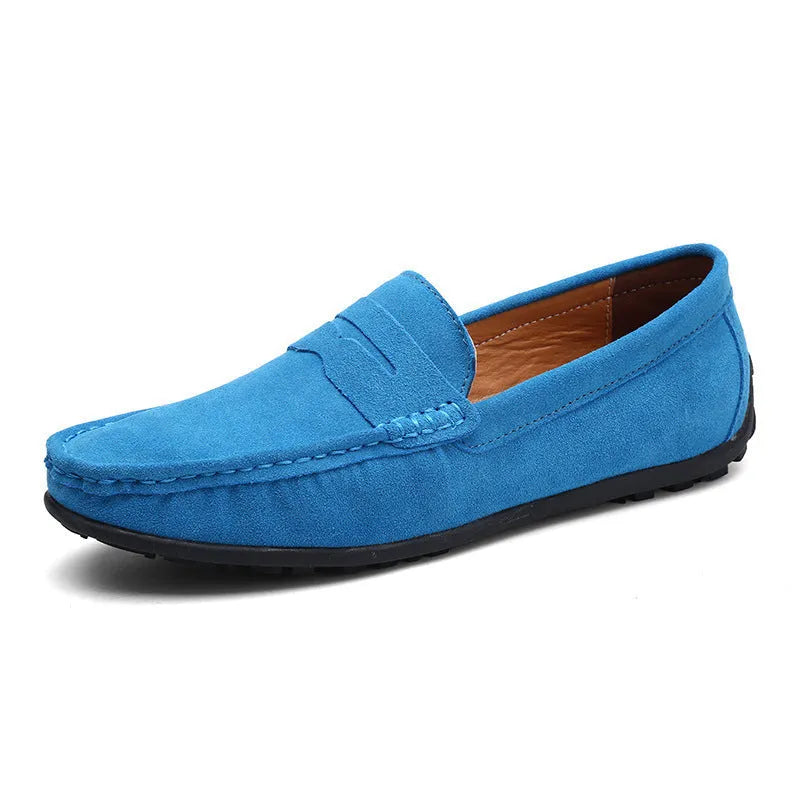 Men's suede leather casual loafers in brown colour with flat rubber sole and decorative stitching