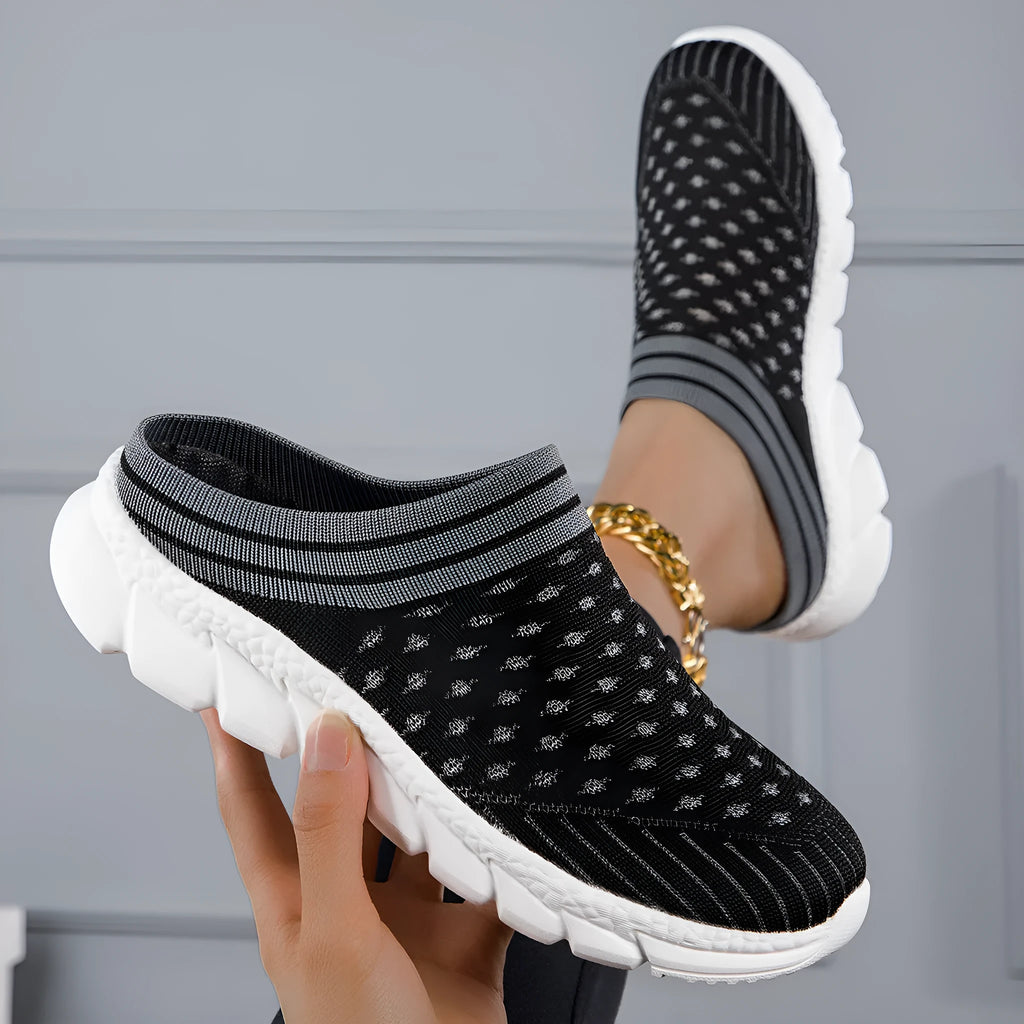Women's black Flyknit slipper shoes with hollowed-out pattern and lightweight sole