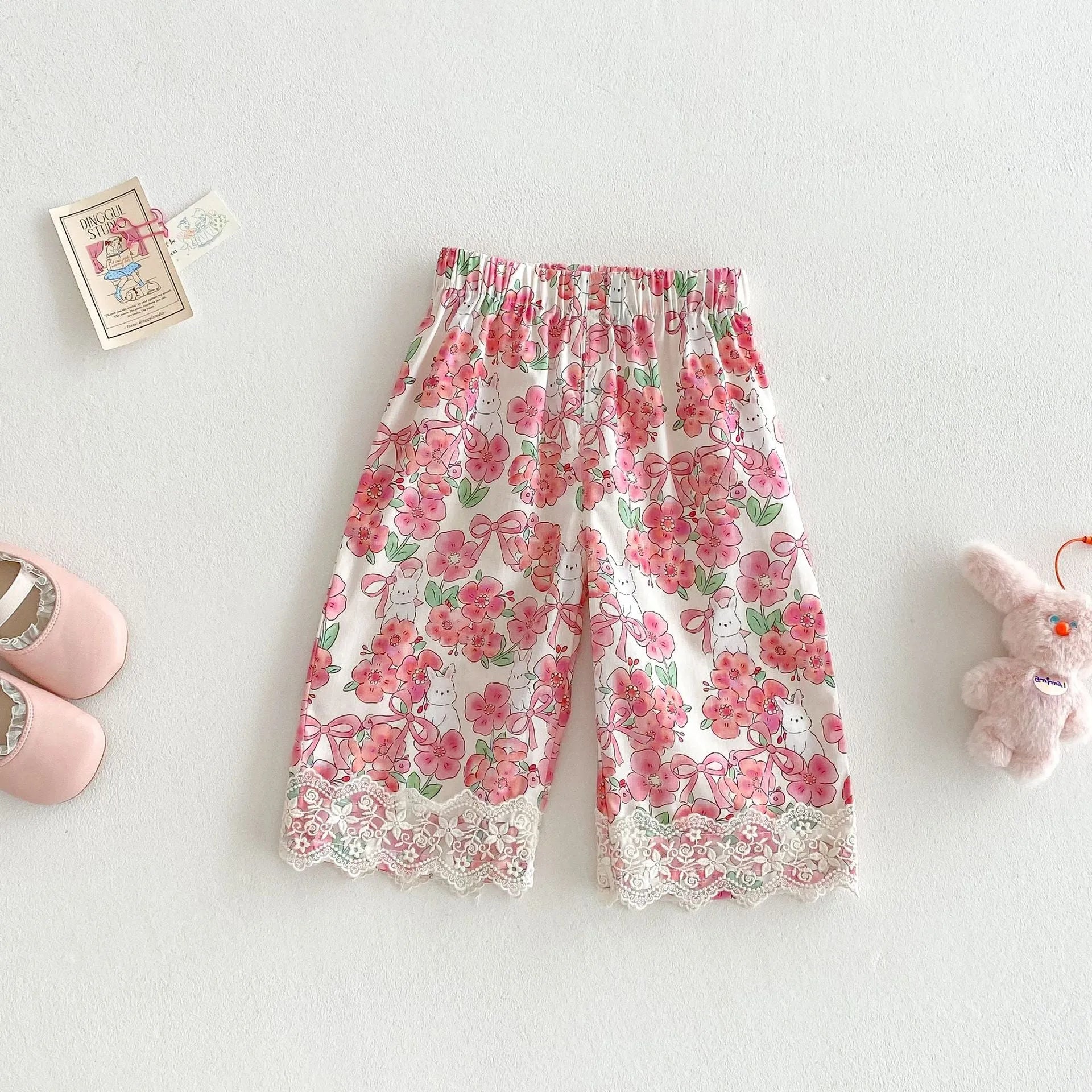 Girls summer lace collar cotton short sleeve shirt and lace straight-leg pants set in almond colour