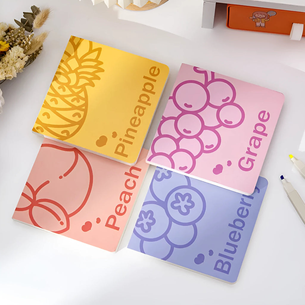 Square creative notebook with colour embossed fruit design and 14.5cm dimensions