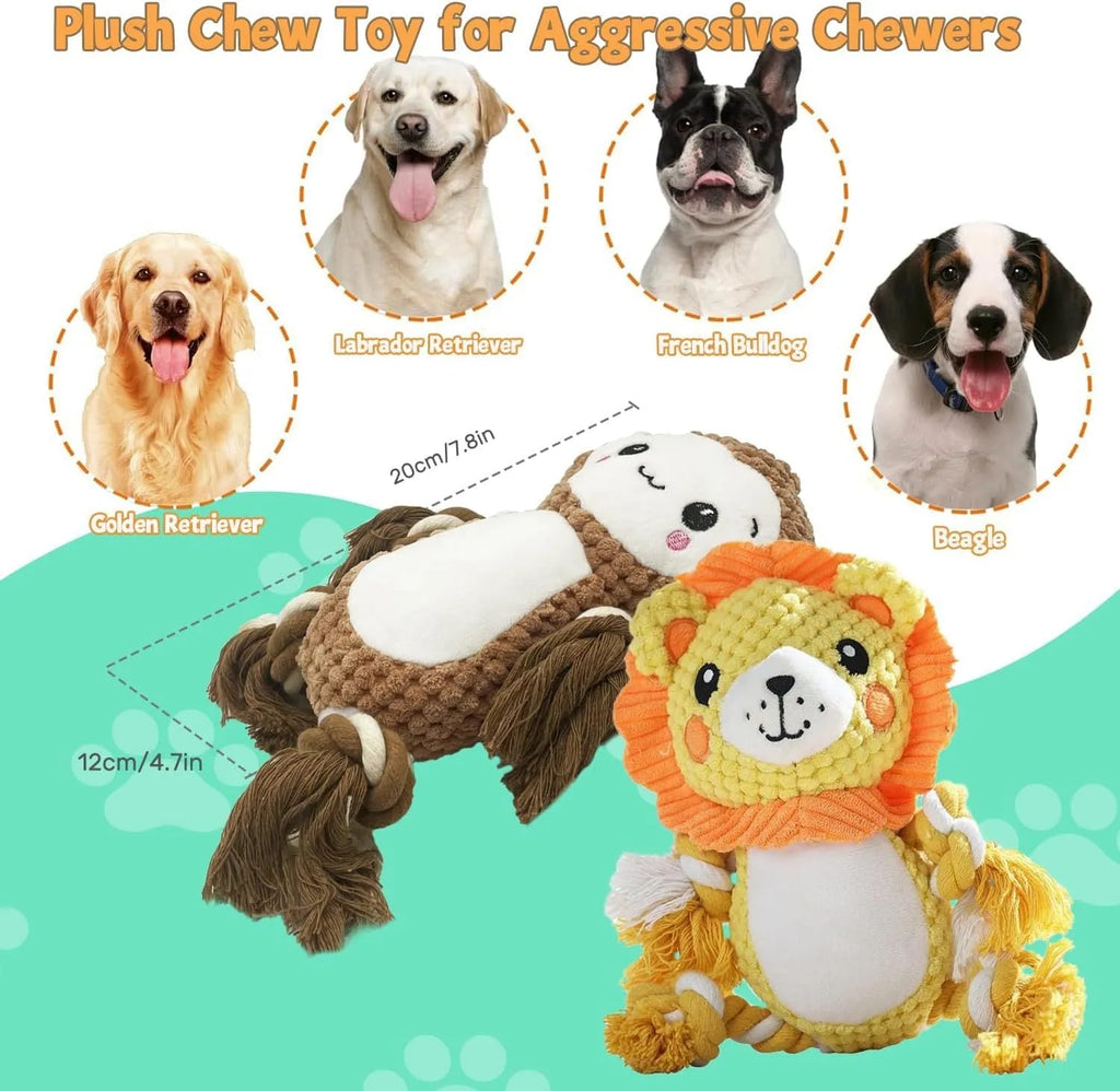 Lion and monkey soft plush squeaky dog toys for medium to large breeds