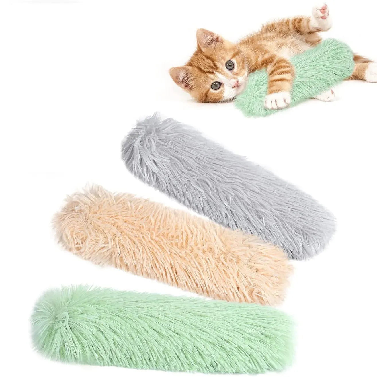 Soft plush cat toy pillow in blue, green, pink, and white colours, shown next to a measuring tape indicating 27cm length.