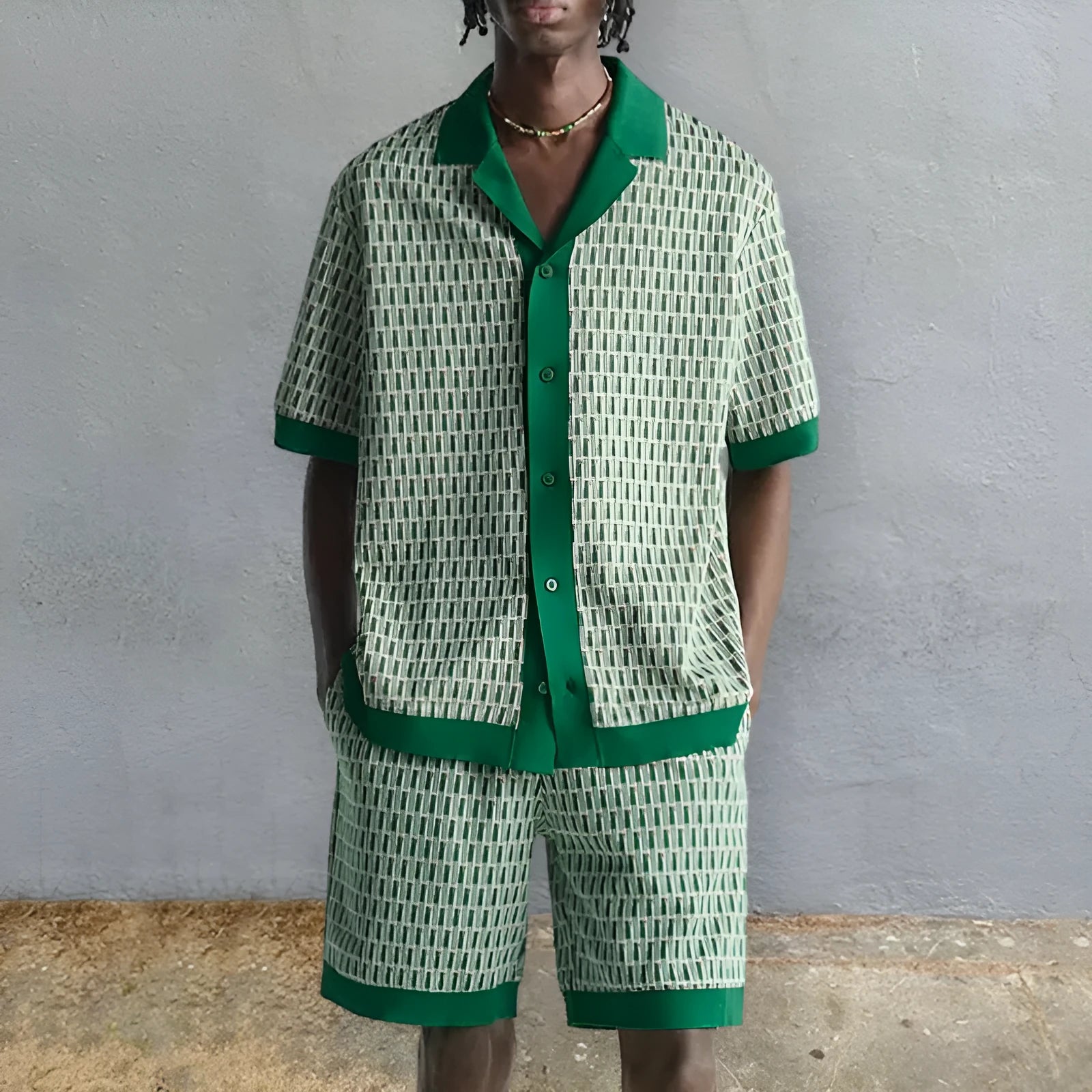 Men's printed short-sleeve shirt and shorts two-piece set in colour MHX01344, plus size range.