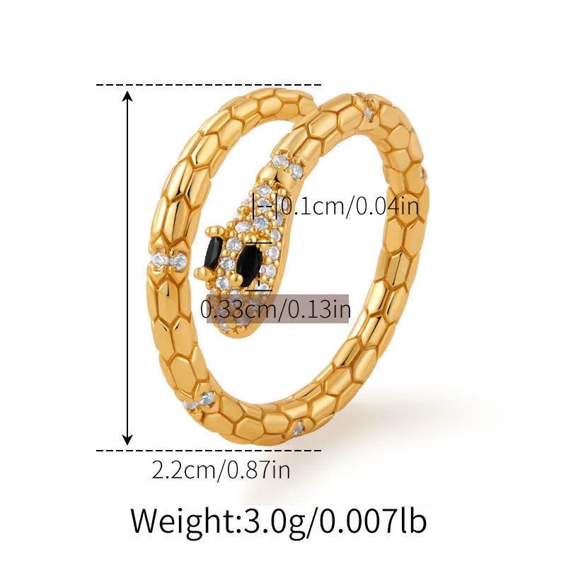 Snake-shaped adjustable copper ring with 18K gold colour retention plating on index finger