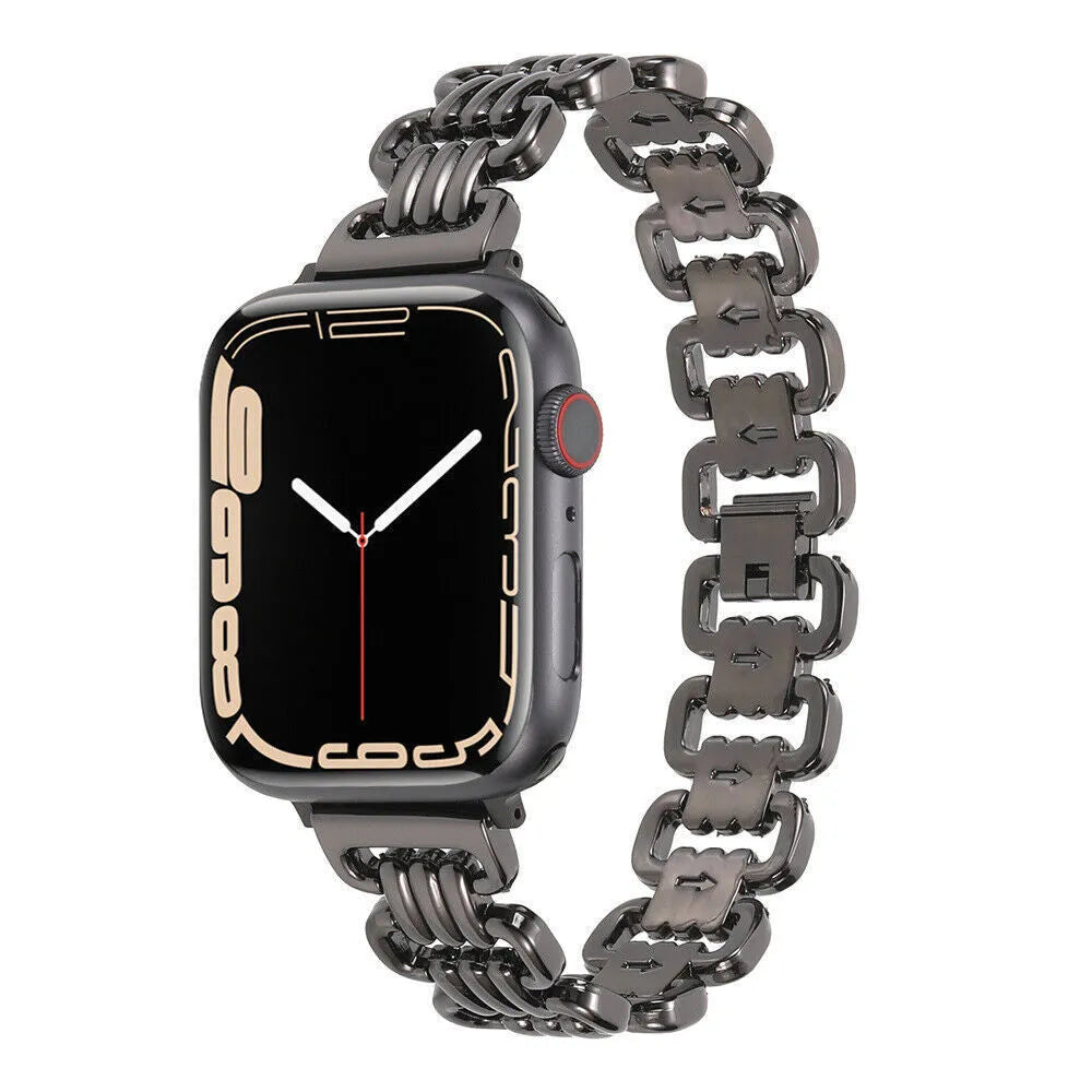 Silver alloy metal bracelet for an Apple watch on a wrist, showing the connector and band detail.